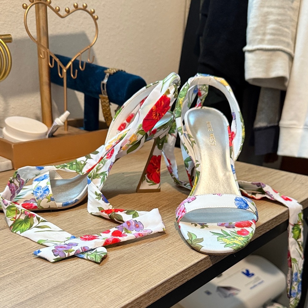 NINE WEST Floral Wrap Heels - Red, Blue, Green